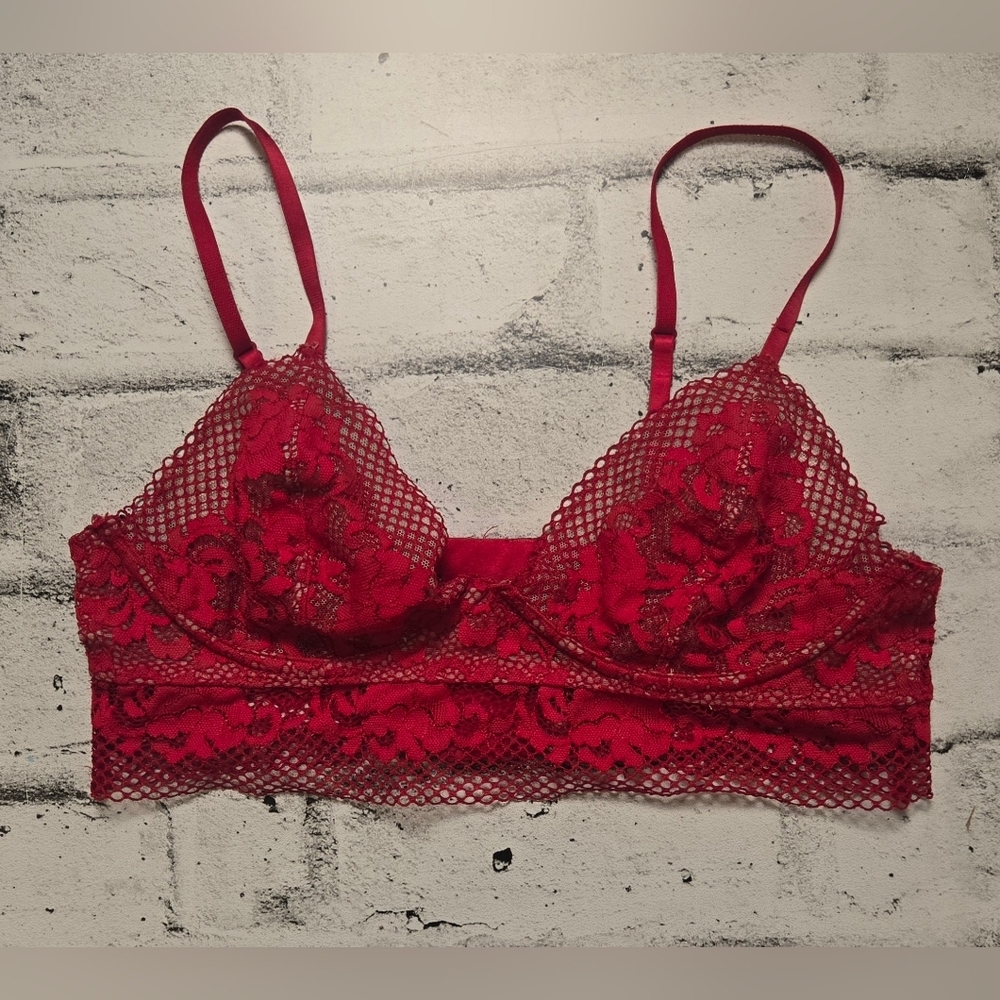 La Senza Red Lace Longline Bralette Underwire Sheer Size M